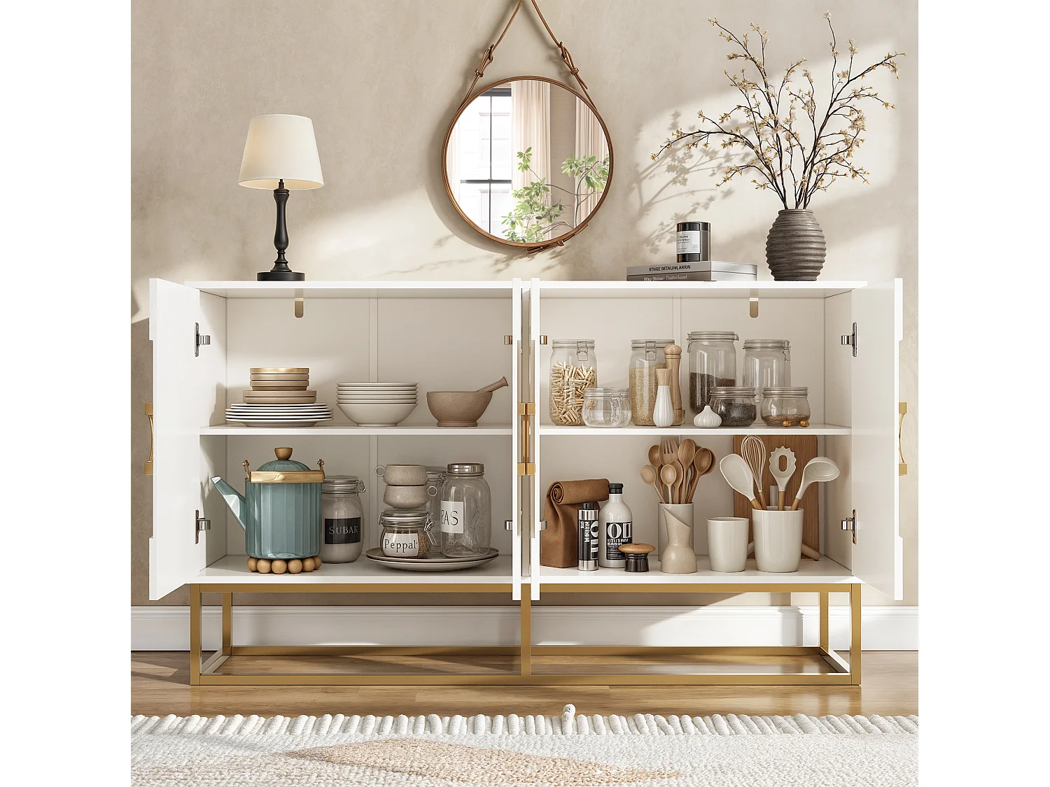 URBAN MEUBLE Buffet blanc moderne avec poignées et structure dorées