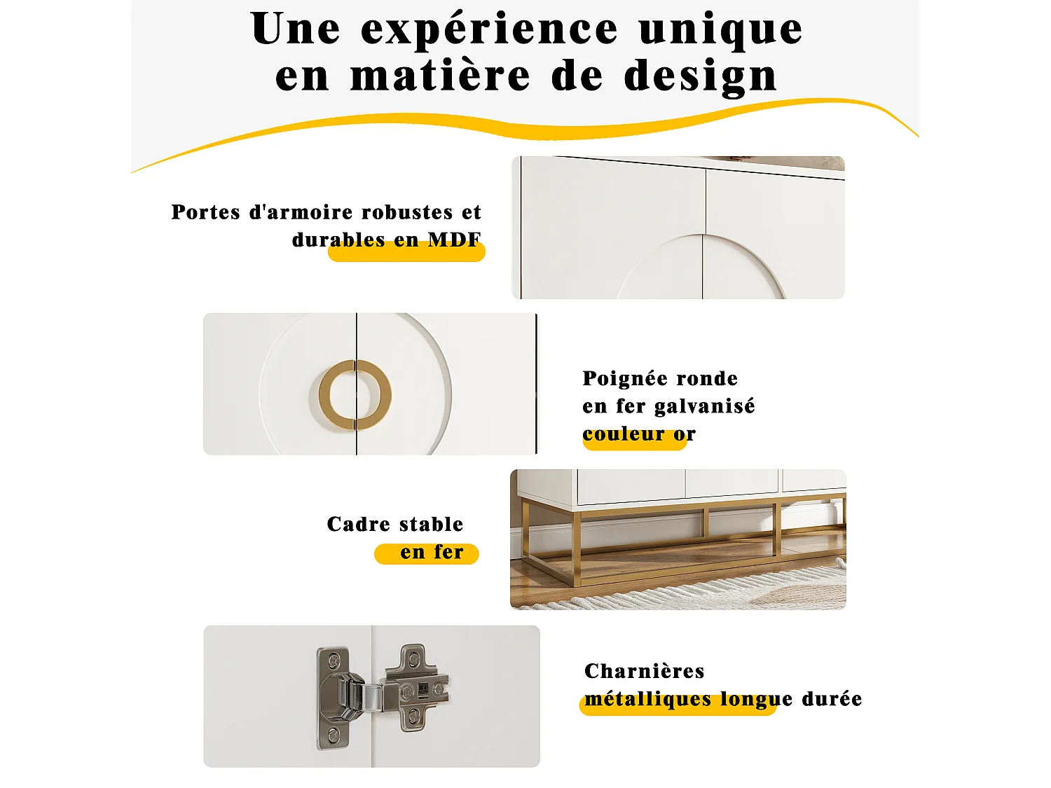 URBAN MEUBLE Buffet blanc moderne avec poignées et structure dorées