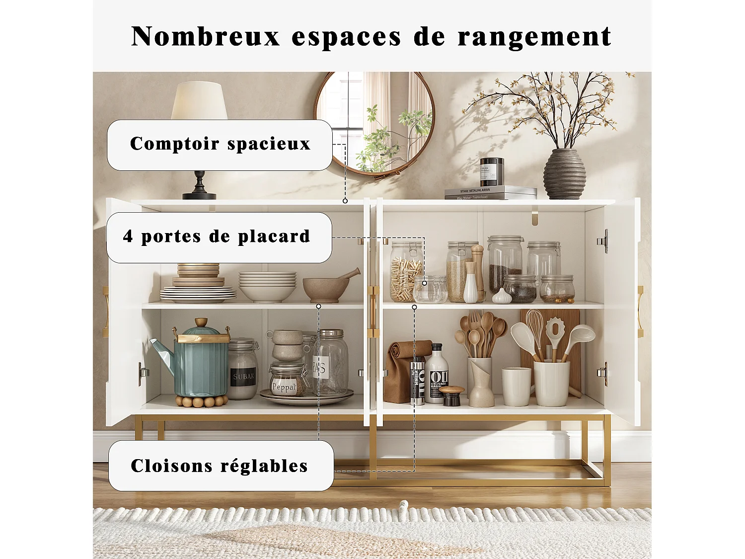 URBAN MEUBLE Buffet blanc moderne avec poignées et structure dorées