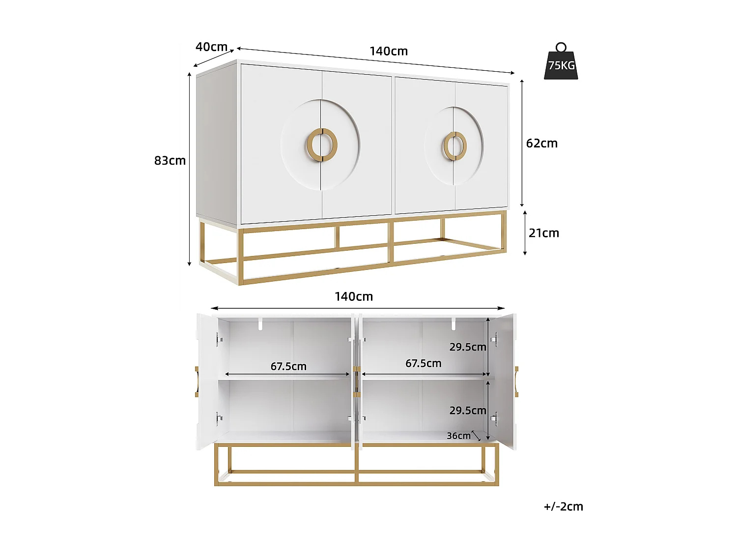 URBAN MEUBLE Buffet blanc moderne avec poignées et structure dorées
