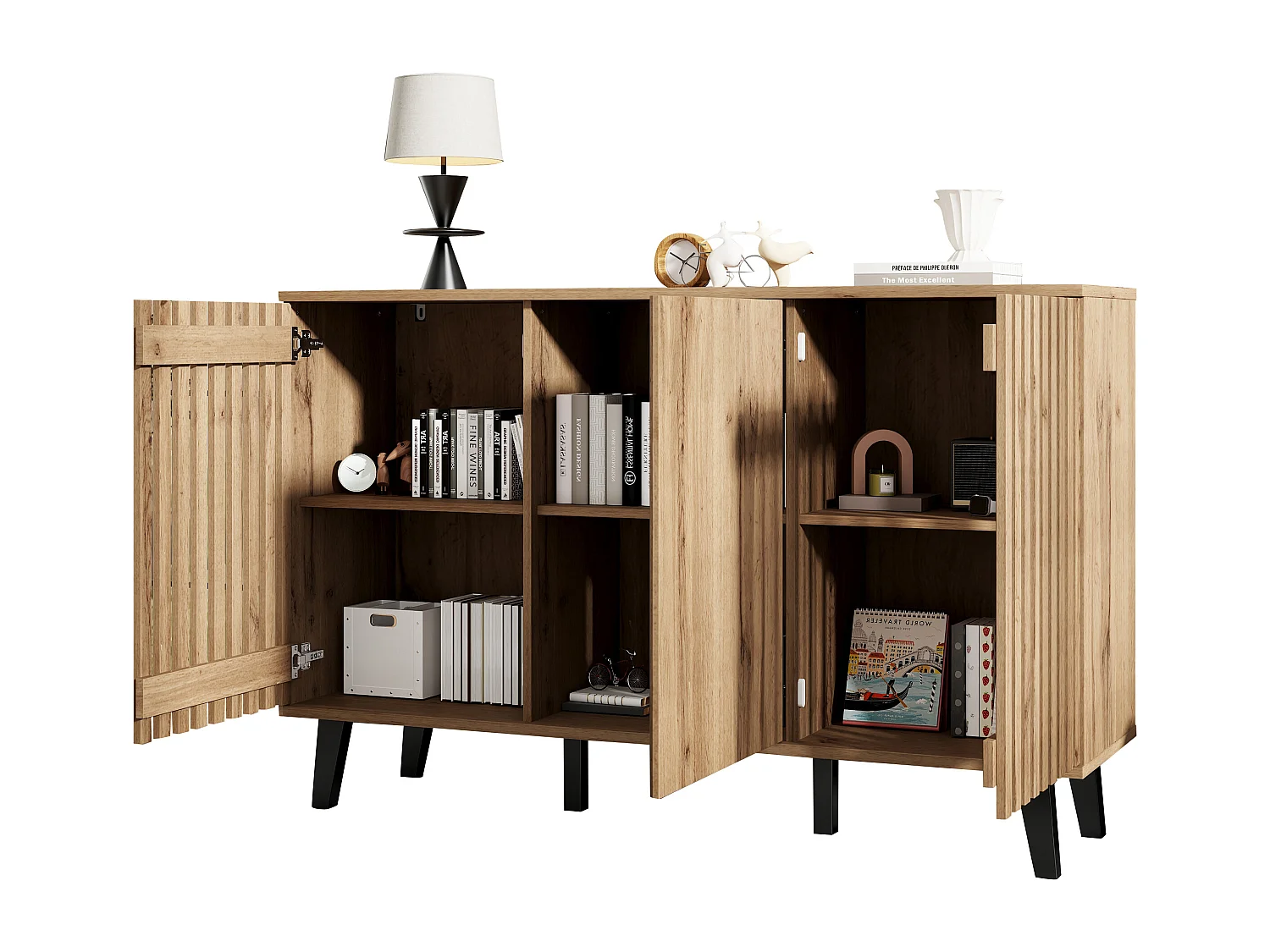 Credenza moderna - 150 x 40 x 95 cm - tavolino da soggiorno - con 3 ante + 6 ripiani separati - truciolato - naturale