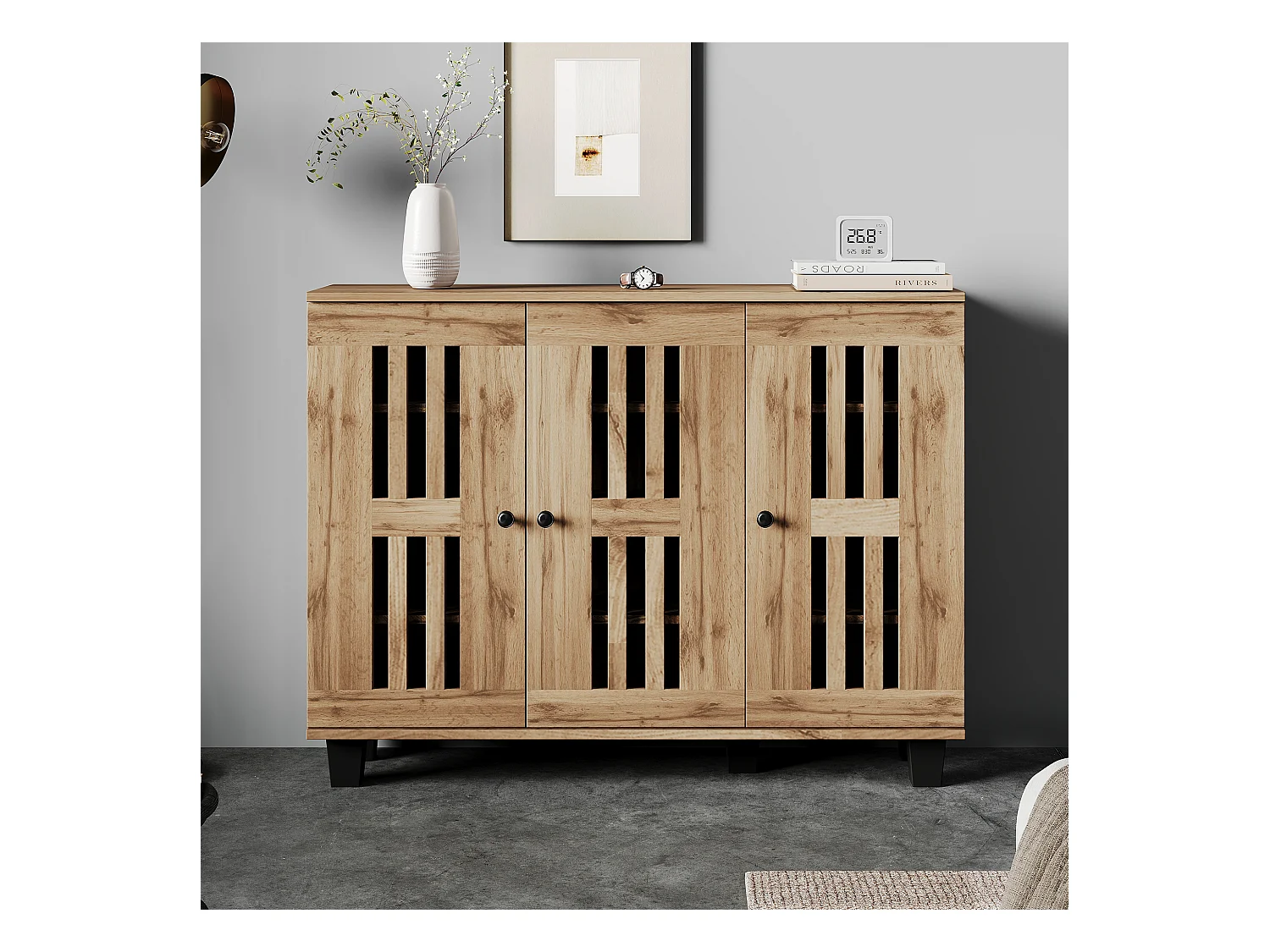 Buffet moderne - 120 x 32 x 92 cm - table d'appoint de salon - avec 3 portes + 8 étagères séparées - aggloméré - naturel