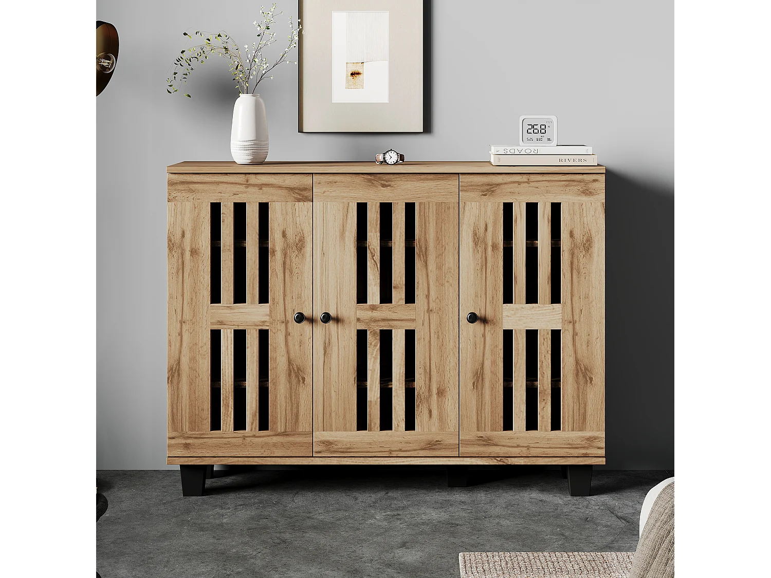 Modernes Sideboard – 120 x 32 x 92 cm – Wohnzimmer-Beistelltisch – mit 3 Türen + 8 separaten Einlegeböden – Spanplatte – natur