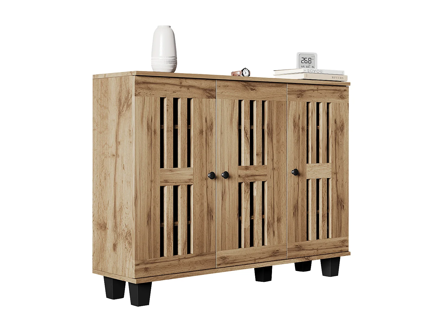 Modernes Sideboard – 120 x 32 x 92 cm – Wohnzimmer-Beistelltisch – mit 3 Türen + 8 separaten Einlegeböden – Spanplatte – natur