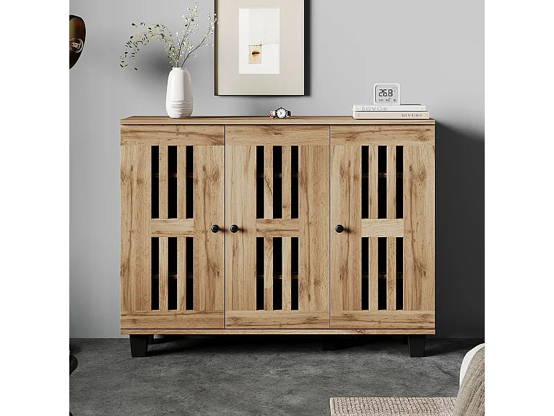 Modernes Sideboard – 120 x 32 x 92 cm – Wohnzimmer-Beistelltisch – mit 3 Türen + 8 separaten Einlegeböden – Spanplatte – natur