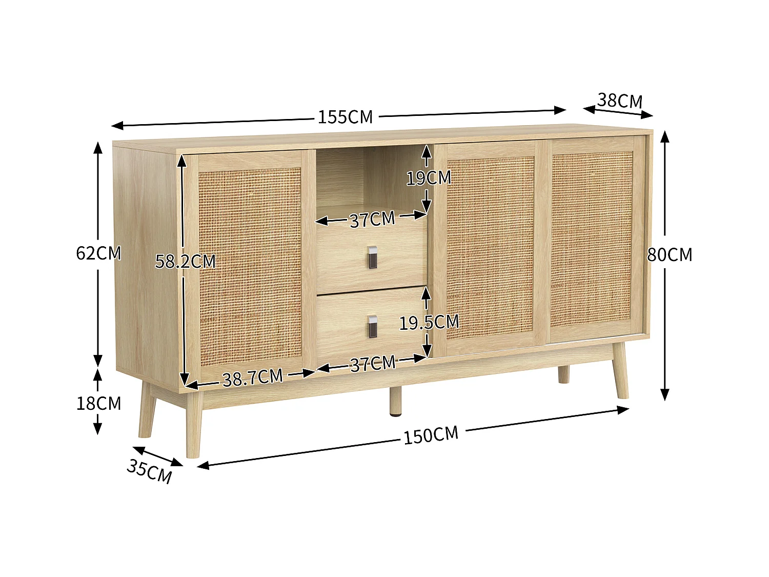 Buffet élégant - buffet bas avec 3 portes en rotin et 2 tiroirs - pieds en bois