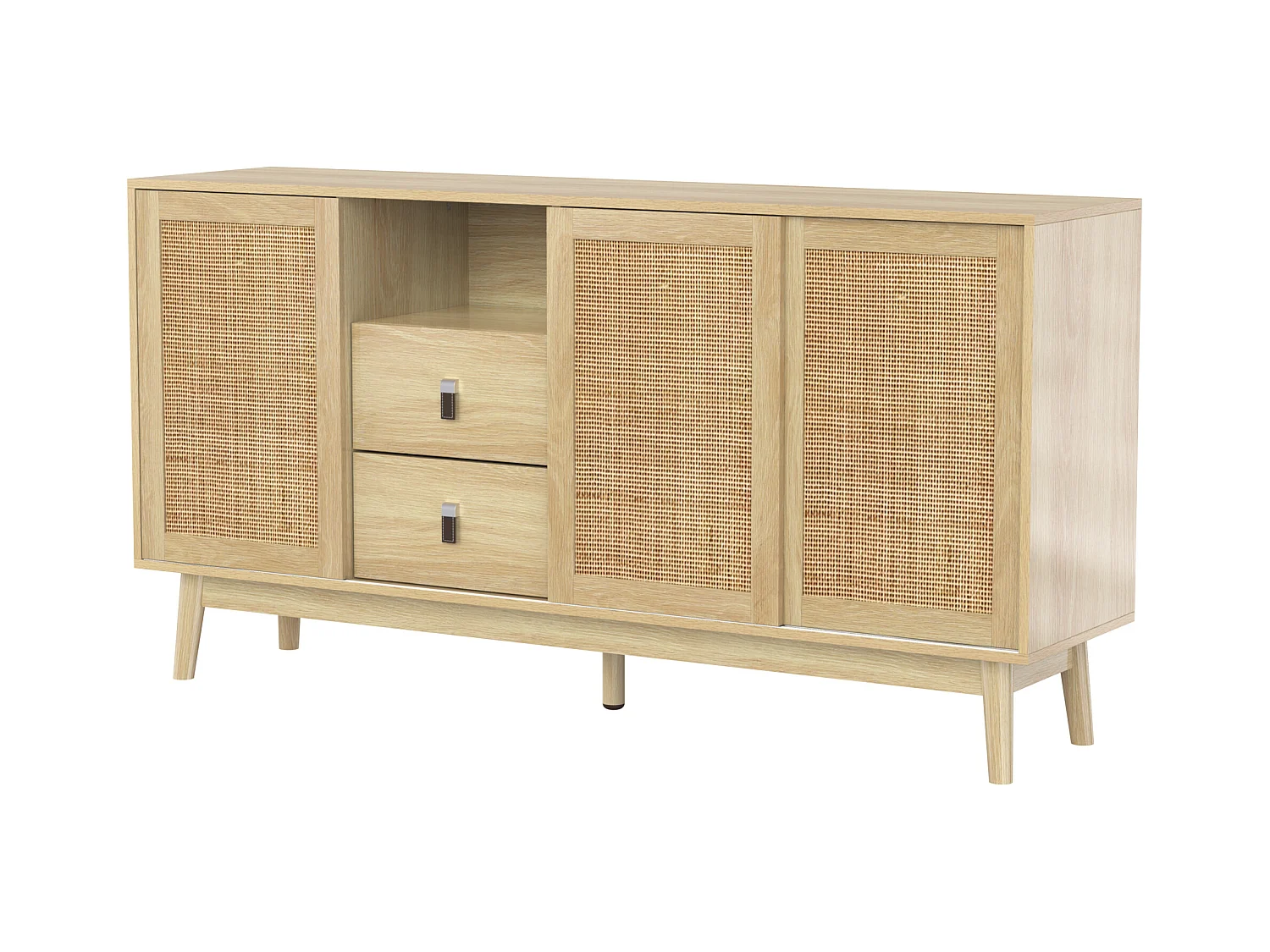 Buffet élégant - buffet bas avec 3 portes en rotin et 2 tiroirs - pieds en bois