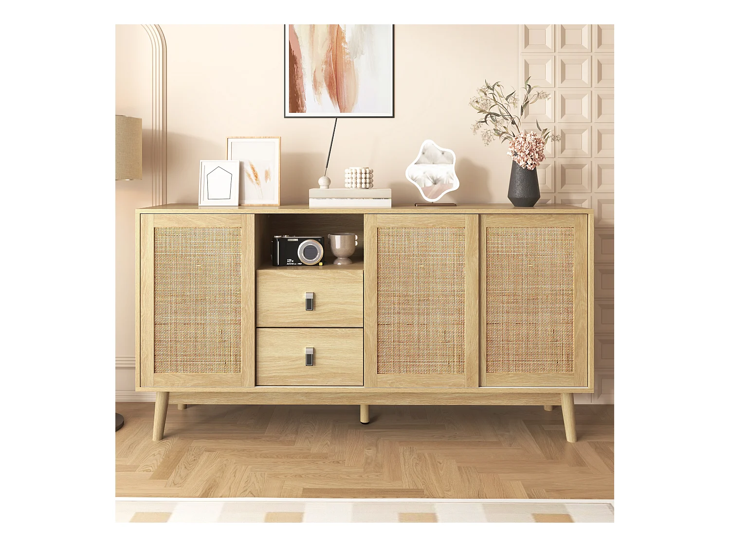 Buffet élégant - buffet bas avec 3 portes en rotin et 2 tiroirs - pieds en bois