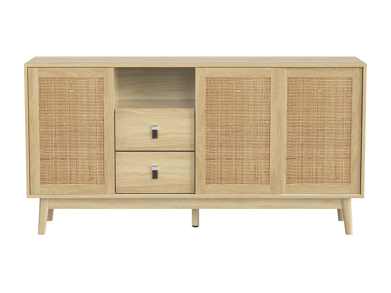 Buffet élégant - buffet bas avec 3 portes en rotin et 2 tiroirs - pieds en bois