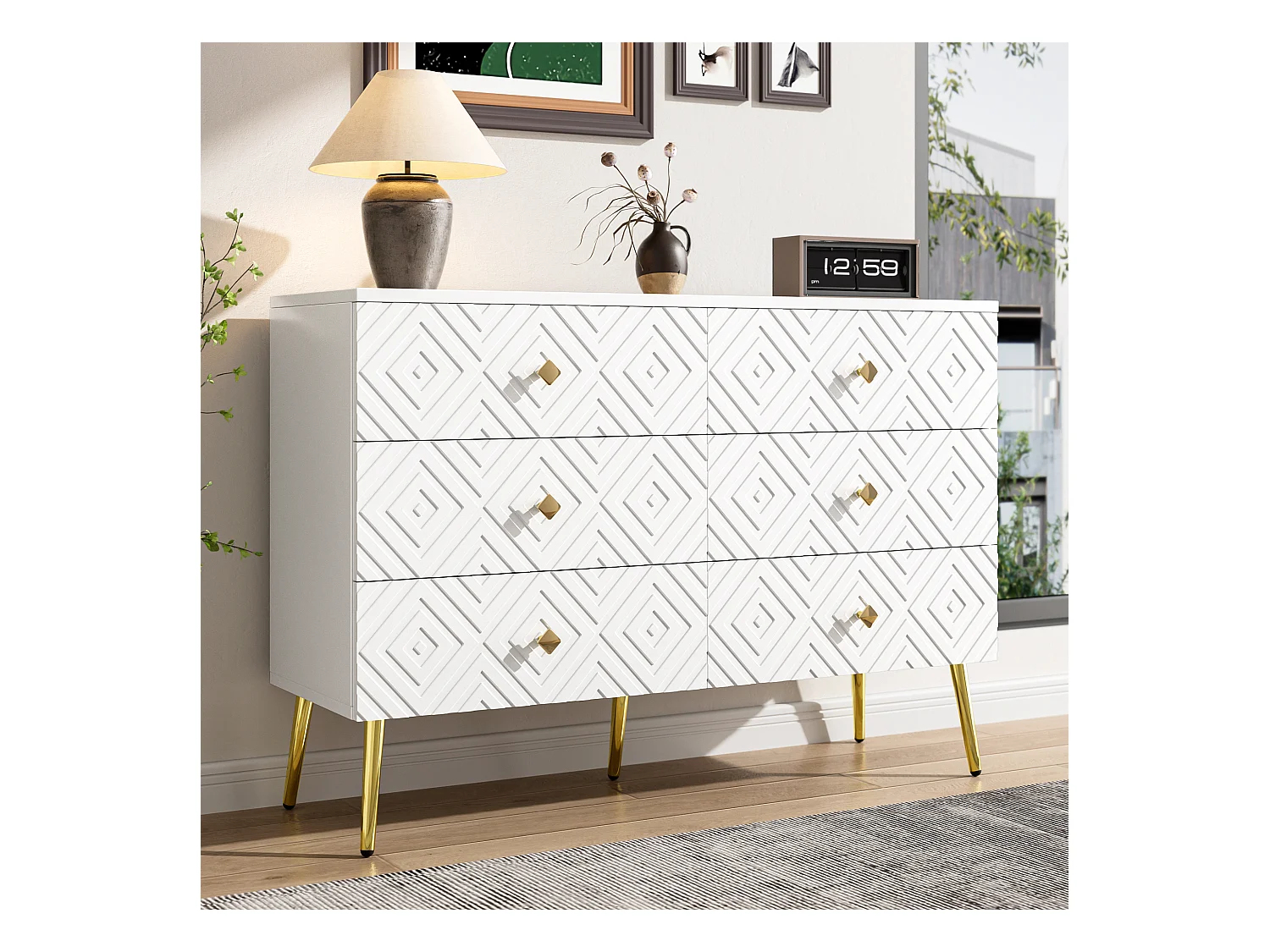 URBAN MEUBLE Buffet 6 tiroirs blanc avec motifs géométriques et pieds dorés