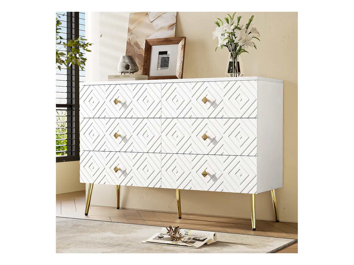 URBAN MEUBLE Buffet 6 tiroirs blanc avec motifs géométriques et pieds dorés