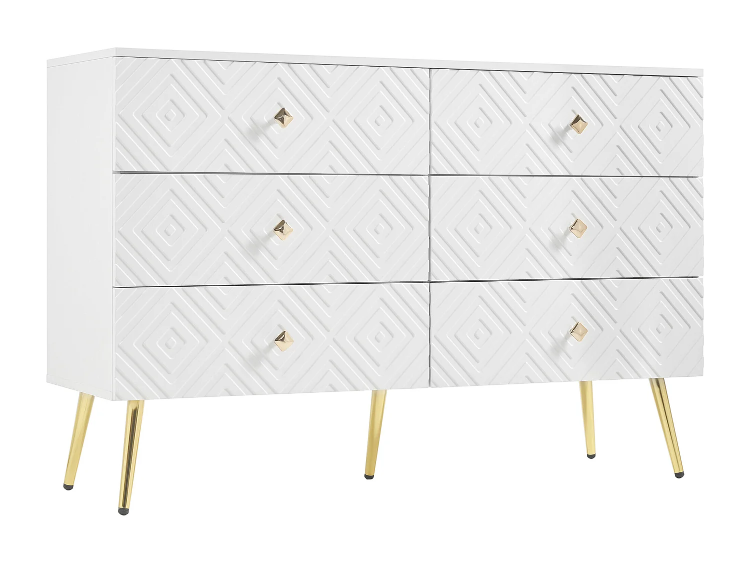 URBAN MEUBLE Buffet 6 tiroirs blanc avec motifs géométriques et pieds dorés