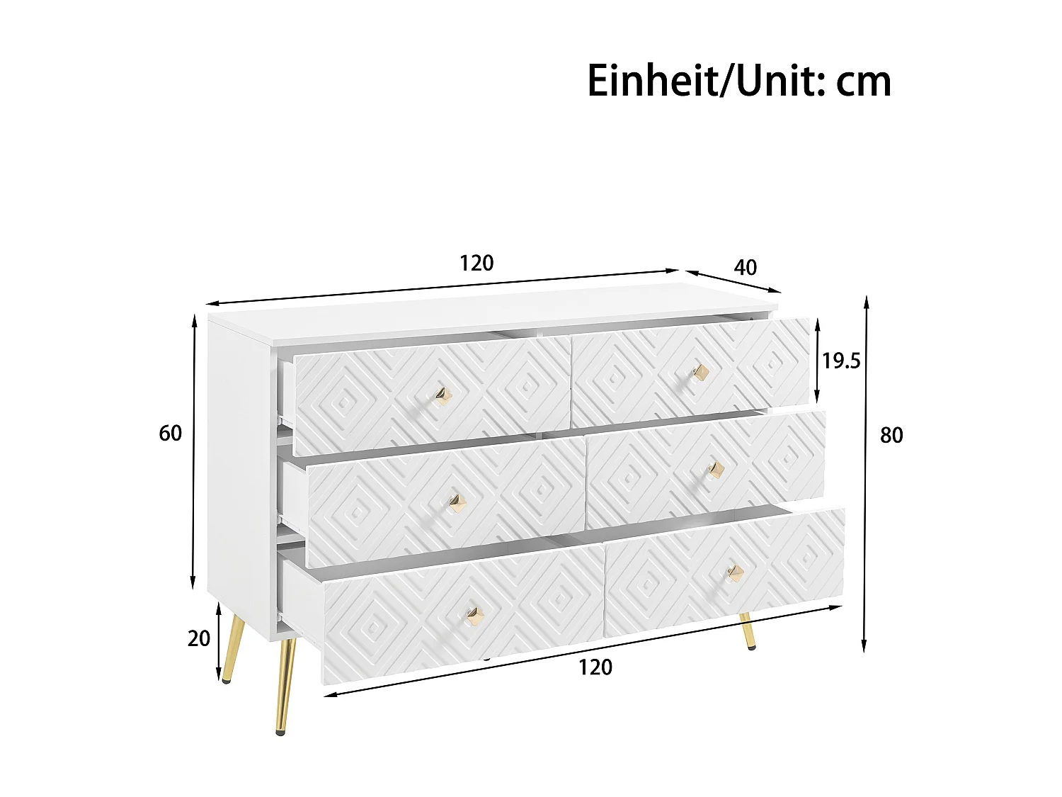 URBAN MEUBLE Buffet 6 tiroirs blanc avec motifs géométriques et pieds dorés