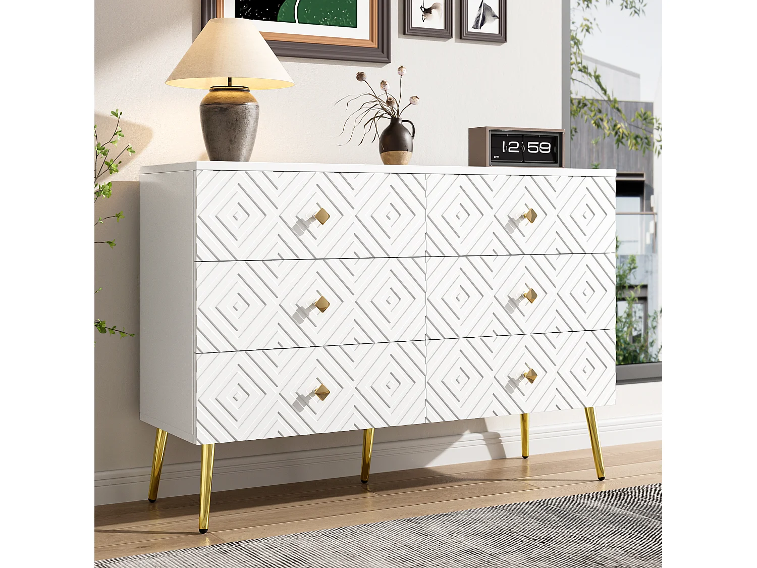 URBAN MEUBLE Buffet 6 tiroirs blanc avec motifs géométriques et pieds dorés