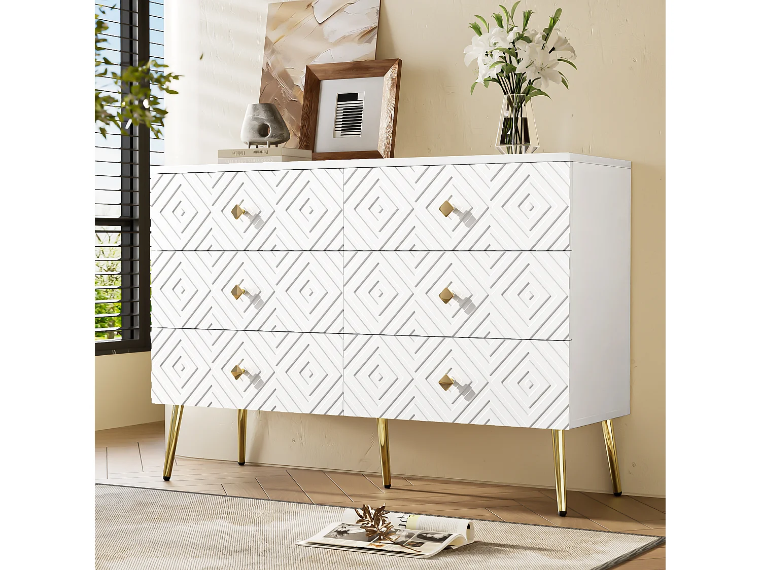 URBAN MEUBLE Buffet 6 tiroirs blanc avec motifs géométriques et pieds dorés