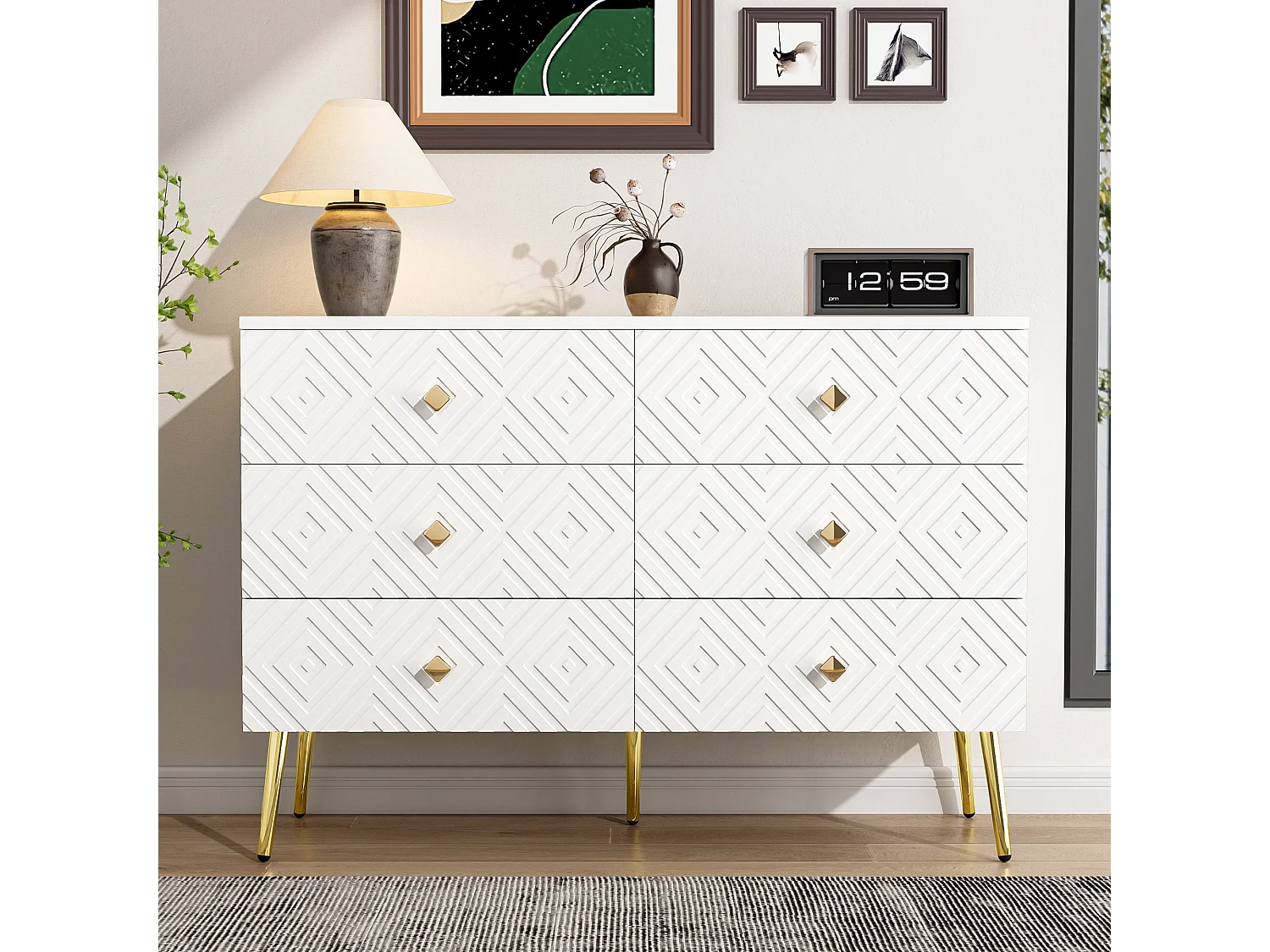 URBAN MEUBLE Buffet 6 tiroirs blanc avec motifs géométriques et pieds dorés
