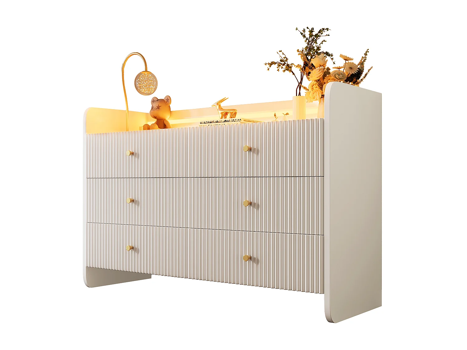 Credenza 120x40x75 cm - Mobile contenitore con illuminazione a LED e 6 cassetti - bianco con motivo a scanalature ondulate - per soggiorno e camera da letto