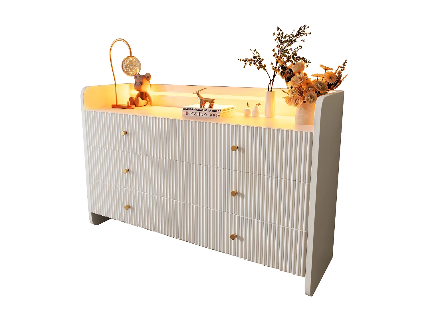 Credenza 120x40x75 cm - Mobile contenitore con illuminazione a LED e 6 cassetti - bianco con motivo a scanalature ondulate - per soggiorno e camera da letto