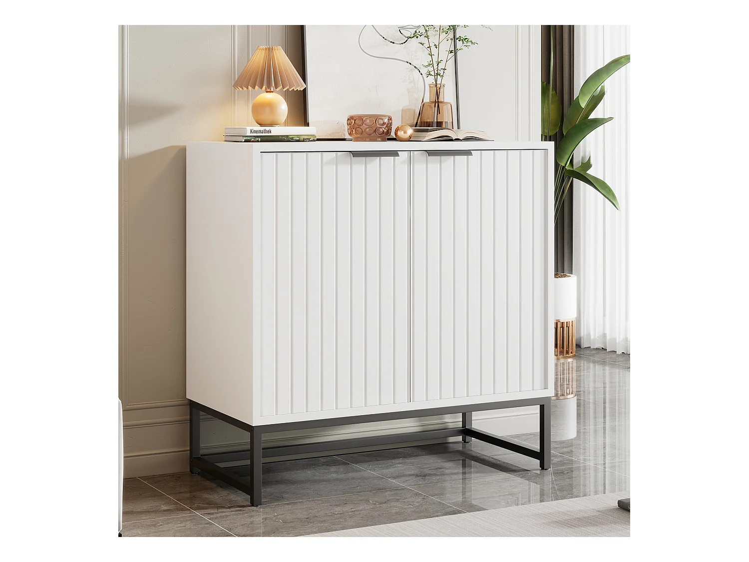 Buffet blanc - Buffet avec poignées et pieds en métal - 2 portes thermoformées - pour salons, couloirs et salles à manger