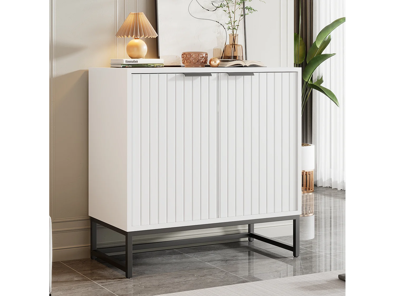 Buffet blanc - Buffet avec poignées et pieds en métal - 2 portes thermoformées - pour salons, couloirs et salles à manger