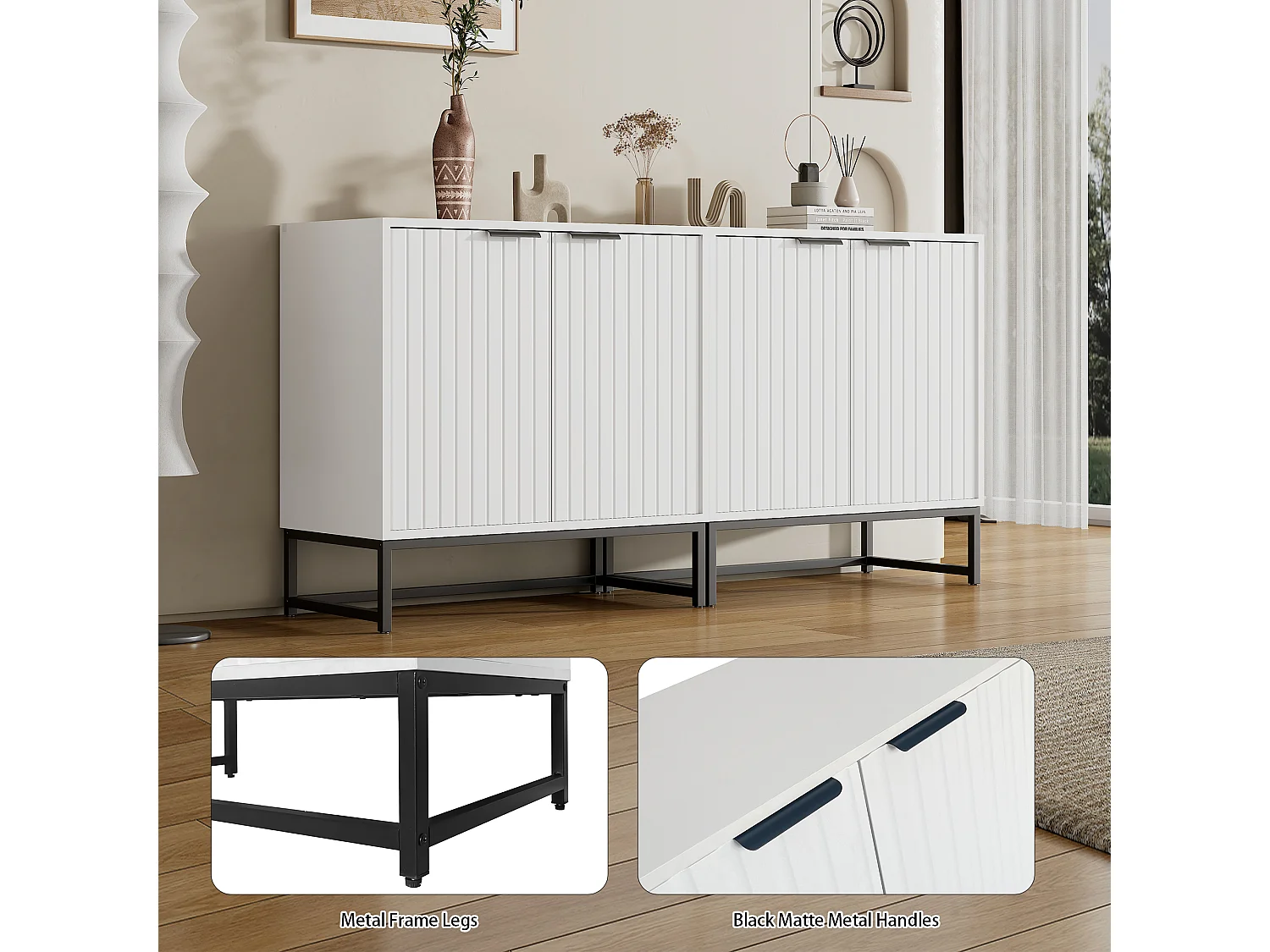 Buffet blanc - Buffet avec poignées et pieds en métal - 2 portes thermoformées - pour salons, couloirs et salles à manger