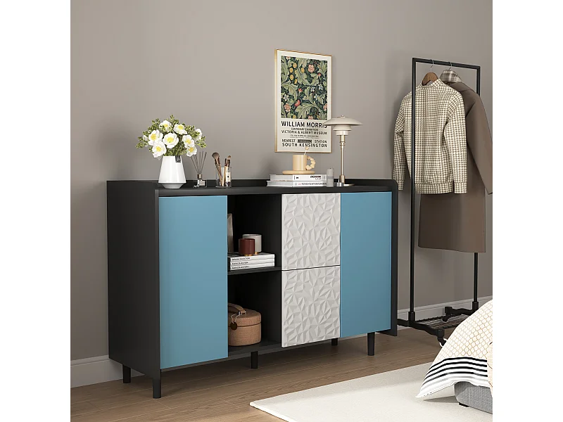 Credenza nera - Credenza con 2 cassetti e 2 ante - 2 vani portaoggetti aperti - per sala da pranzo e soggiorno