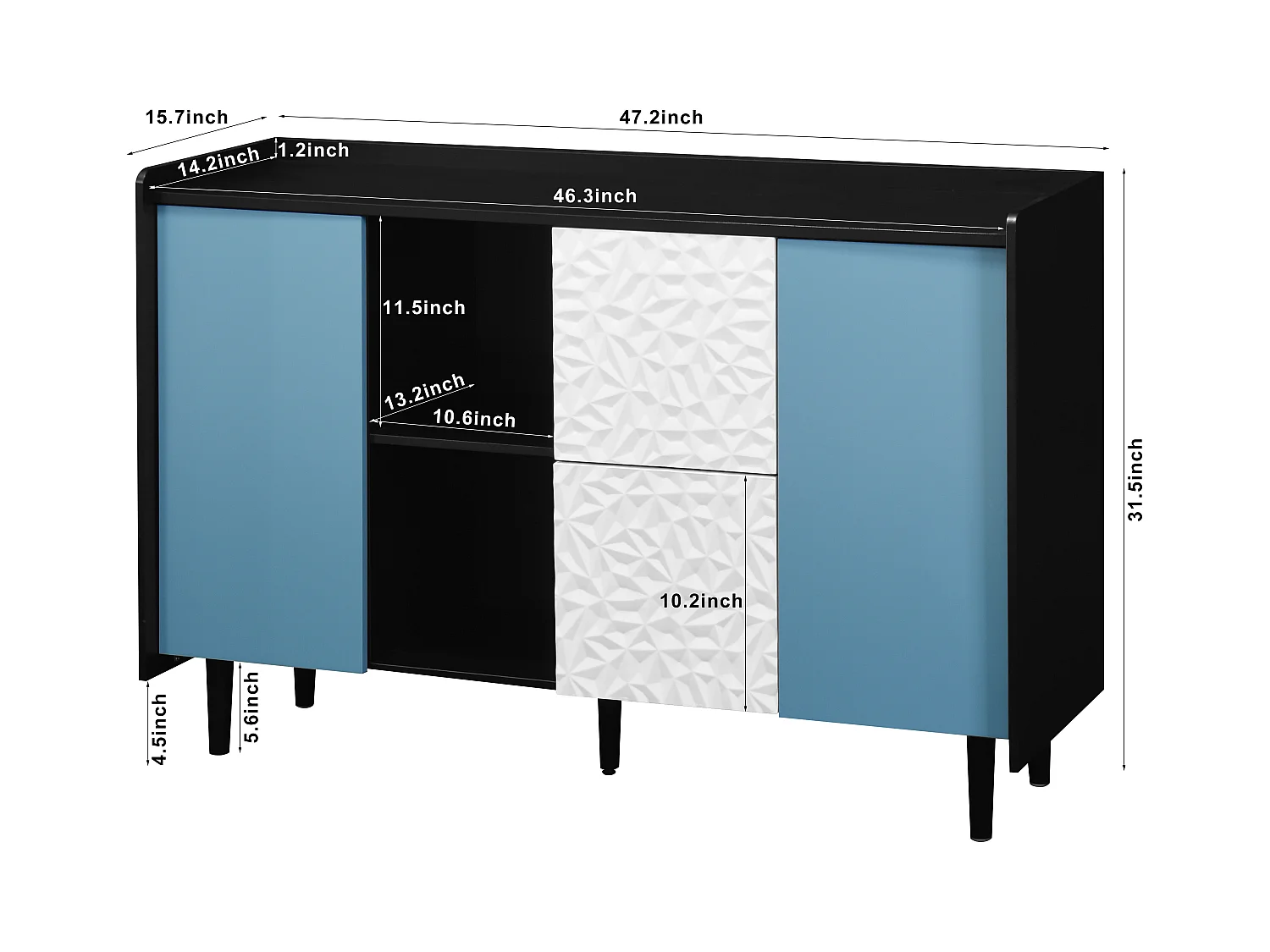 Credenza nera - Credenza con 2 cassetti e 2 ante - 2 vani portaoggetti aperti - per sala da pranzo e soggiorno