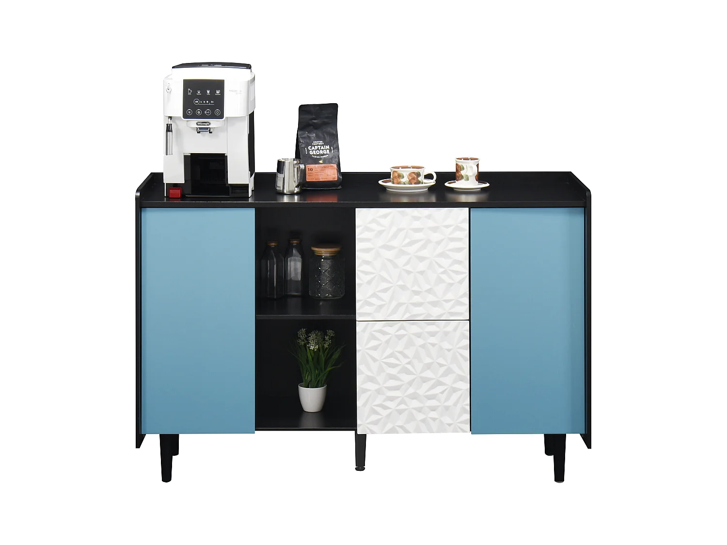 Credenza nera - Credenza con 2 cassetti e 2 ante - 2 vani portaoggetti aperti - per sala da pranzo e soggiorno