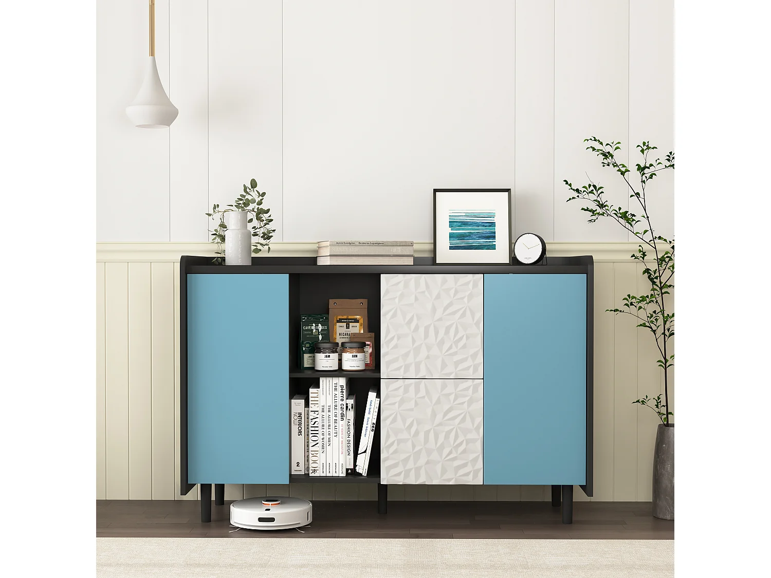 Credenza nera - Credenza con 2 cassetti e 2 ante - 2 vani portaoggetti aperti - per sala da pranzo e soggiorno