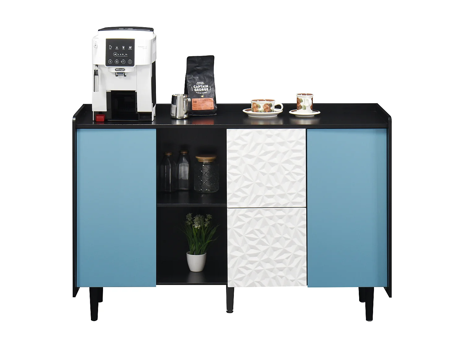 Credenza nera - Credenza con 2 cassetti e 2 ante - 2 vani portaoggetti aperti - per sala da pranzo e soggiorno