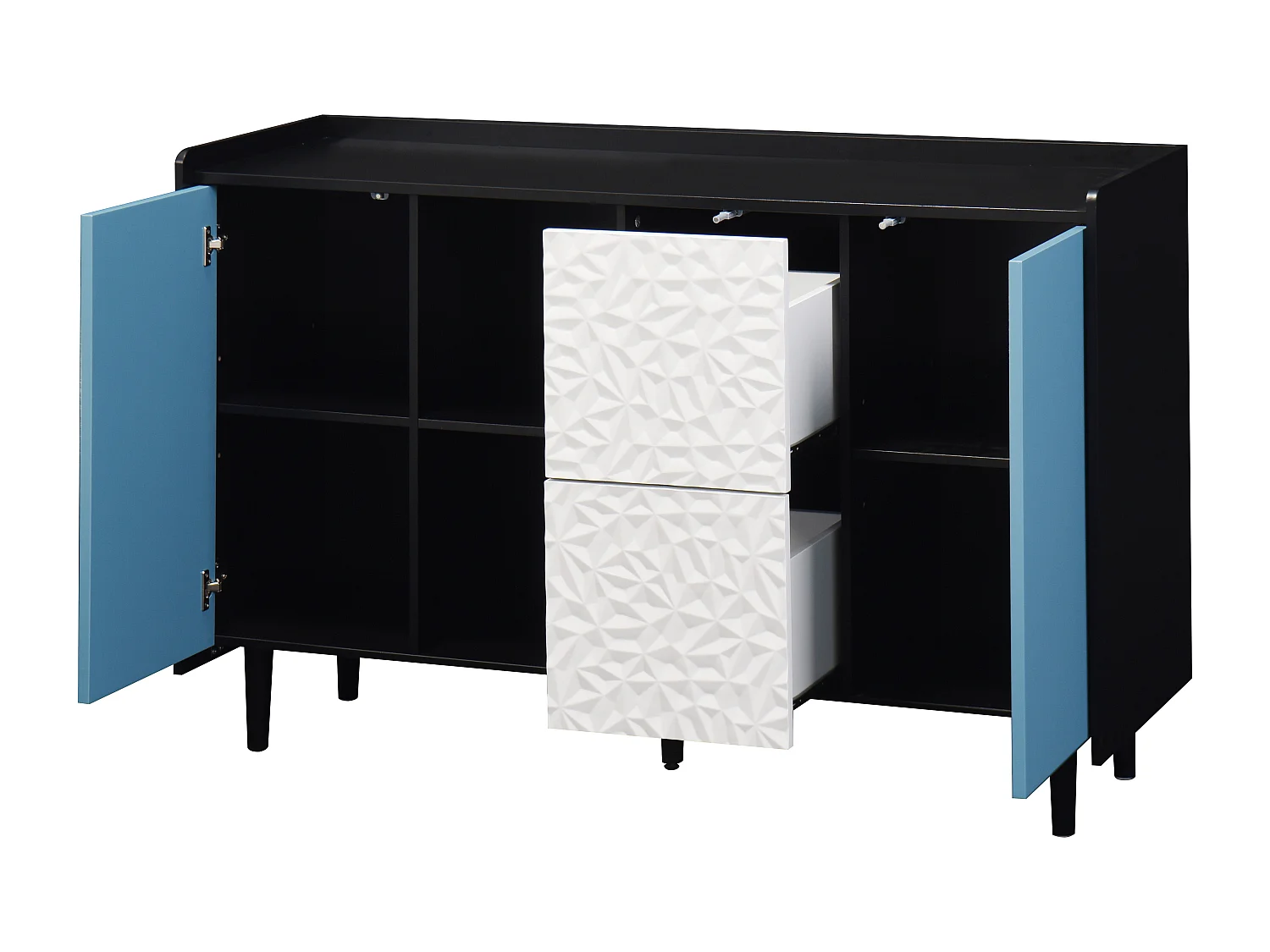 Credenza nera - Credenza con 2 cassetti e 2 ante - 2 vani portaoggetti aperti - per sala da pranzo e soggiorno