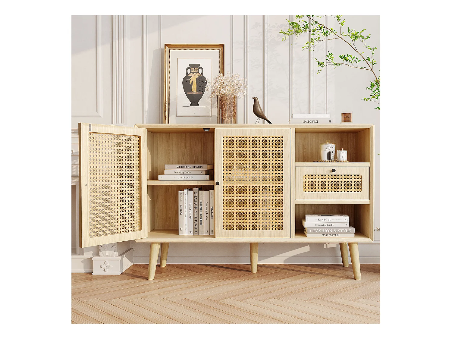 Credenza in rattan - Credenza in rovere con 1 cassetto e 2 ante - ripiani regolabili - gambe in legno