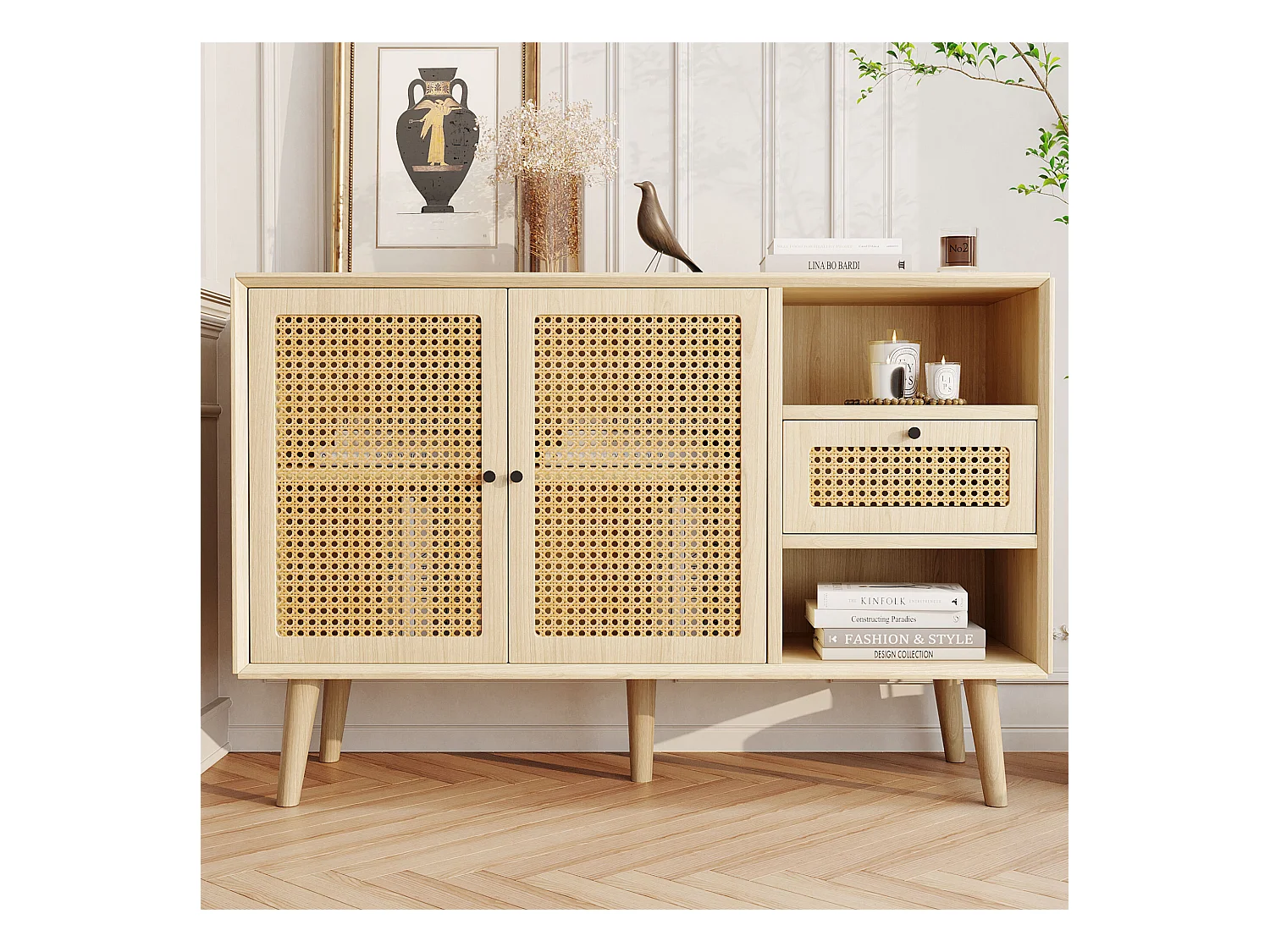 Credenza in rattan - Credenza in rovere con 1 cassetto e 2 ante - ripiani regolabili - gambe in legno