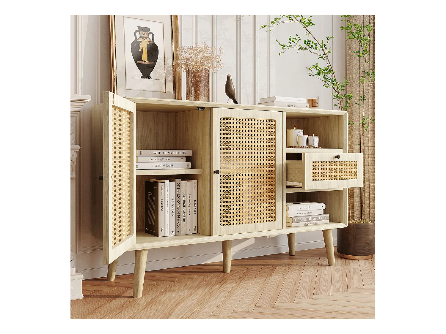 Credenza in rattan - Credenza in rovere con 1 cassetto e 2 ante - ripiani regolabili - gambe in legno