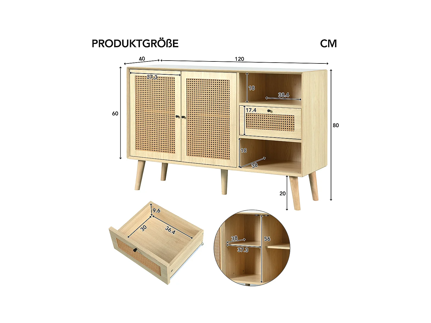 Credenza in rattan - Credenza in rovere con 1 cassetto e 2 ante - ripiani regolabili - gambe in legno