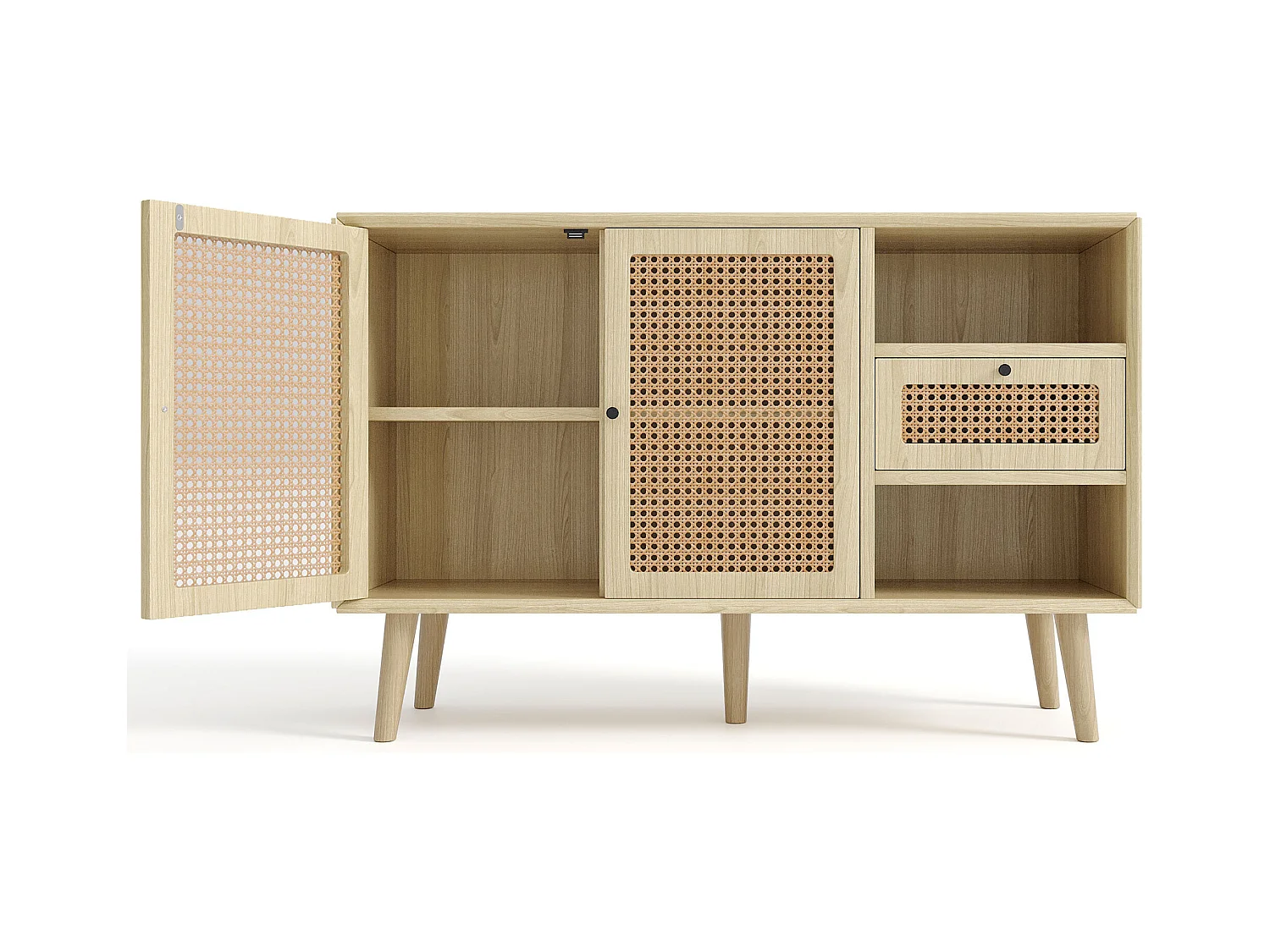 Credenza in rattan - Credenza in rovere con 1 cassetto e 2 ante - ripiani regolabili - gambe in legno