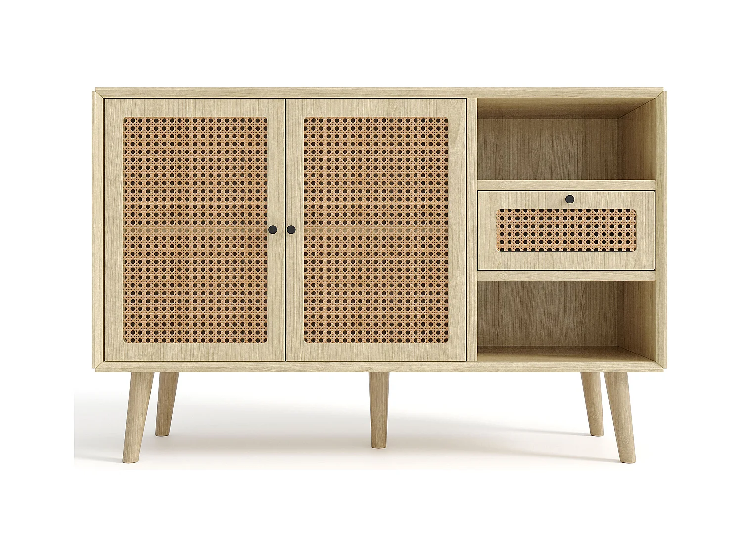 Credenza in rattan - Credenza in rovere con 1 cassetto e 2 ante - ripiani regolabili - gambe in legno