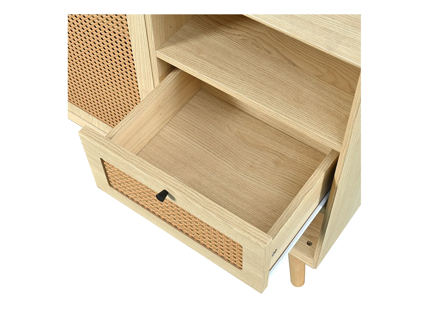 Credenza in rattan - Credenza in rovere con 1 cassetto e 2 ante - ripiani regolabili - gambe in legno