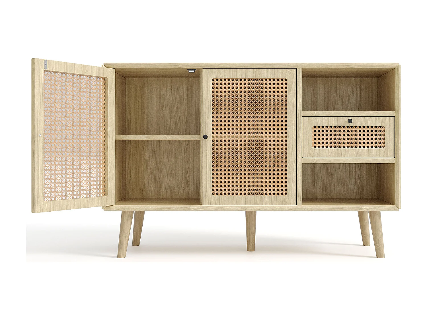 Aparador de ratán - Aparador de roble con 1 cajón y 2 puertas - estantes regulables - patas de madera