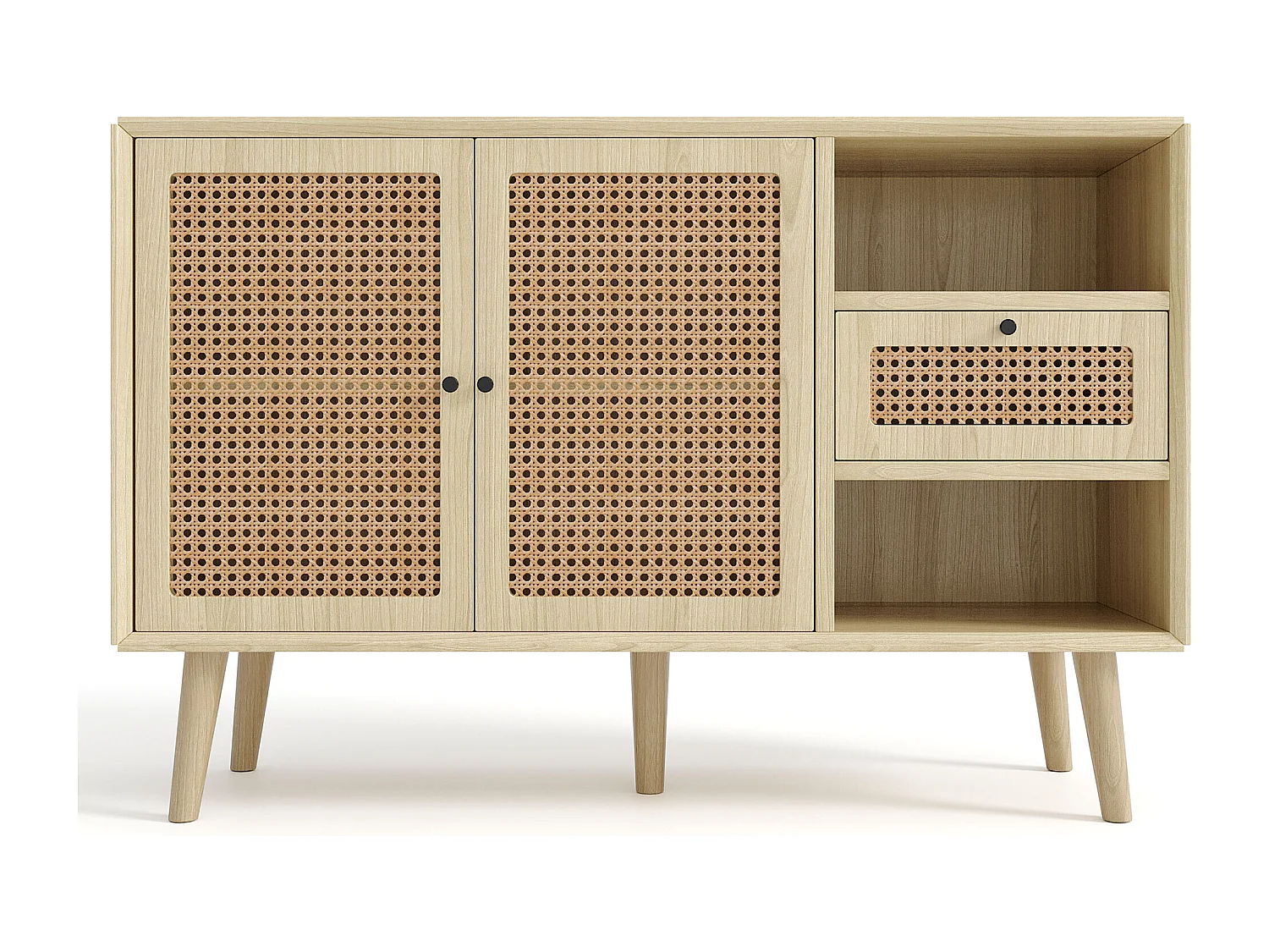 Aparador de ratán - Aparador de roble con 1 cajón y 2 puertas - estantes regulables - patas de madera