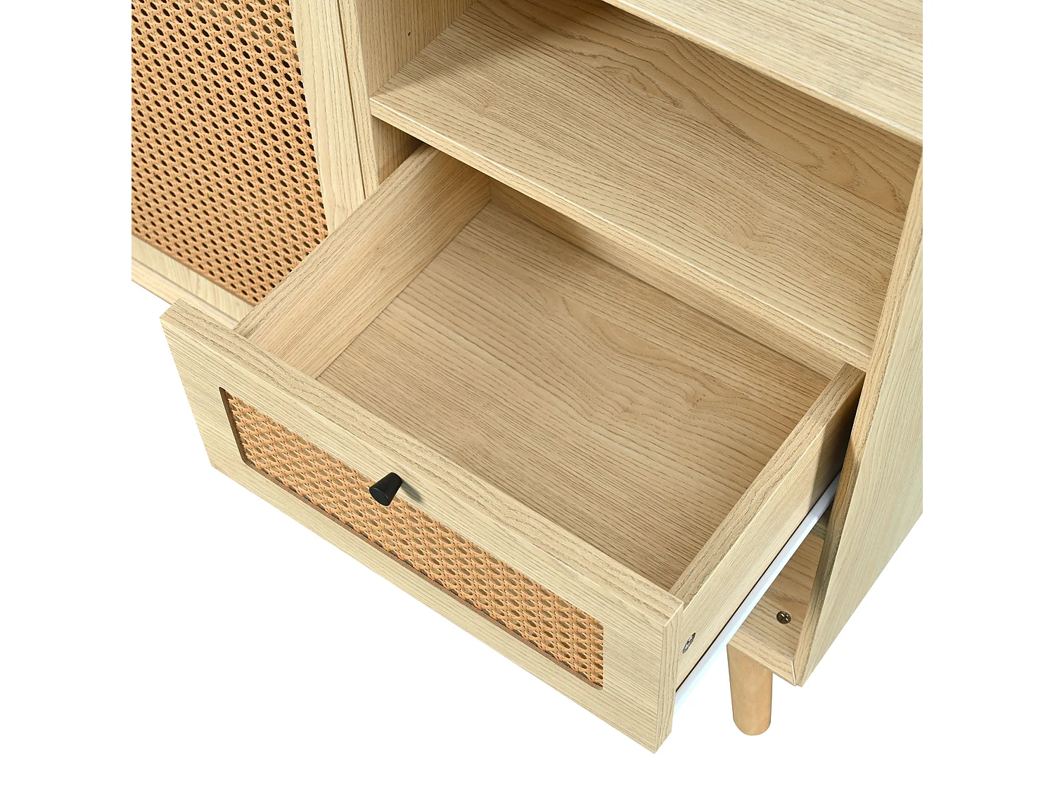 Aparador de ratán - Aparador de roble con 1 cajón y 2 puertas - estantes regulables - patas de madera