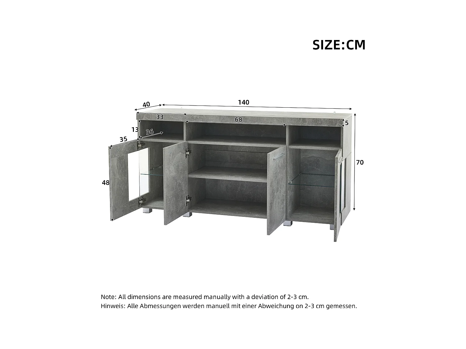 Aparador moderno - 140 x 40 x 70 cm - Vitrina lateral - con LED + 4 puertas + 3 módulos de almacenamiento de cristal templado - MDF - Gris