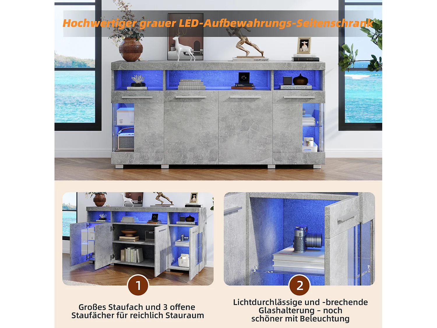 Aparador moderno - 140 x 40 x 70 cm - Vitrina lateral - con LED + 4 puertas + 3 módulos de almacenamiento de cristal templado - MDF - Gris