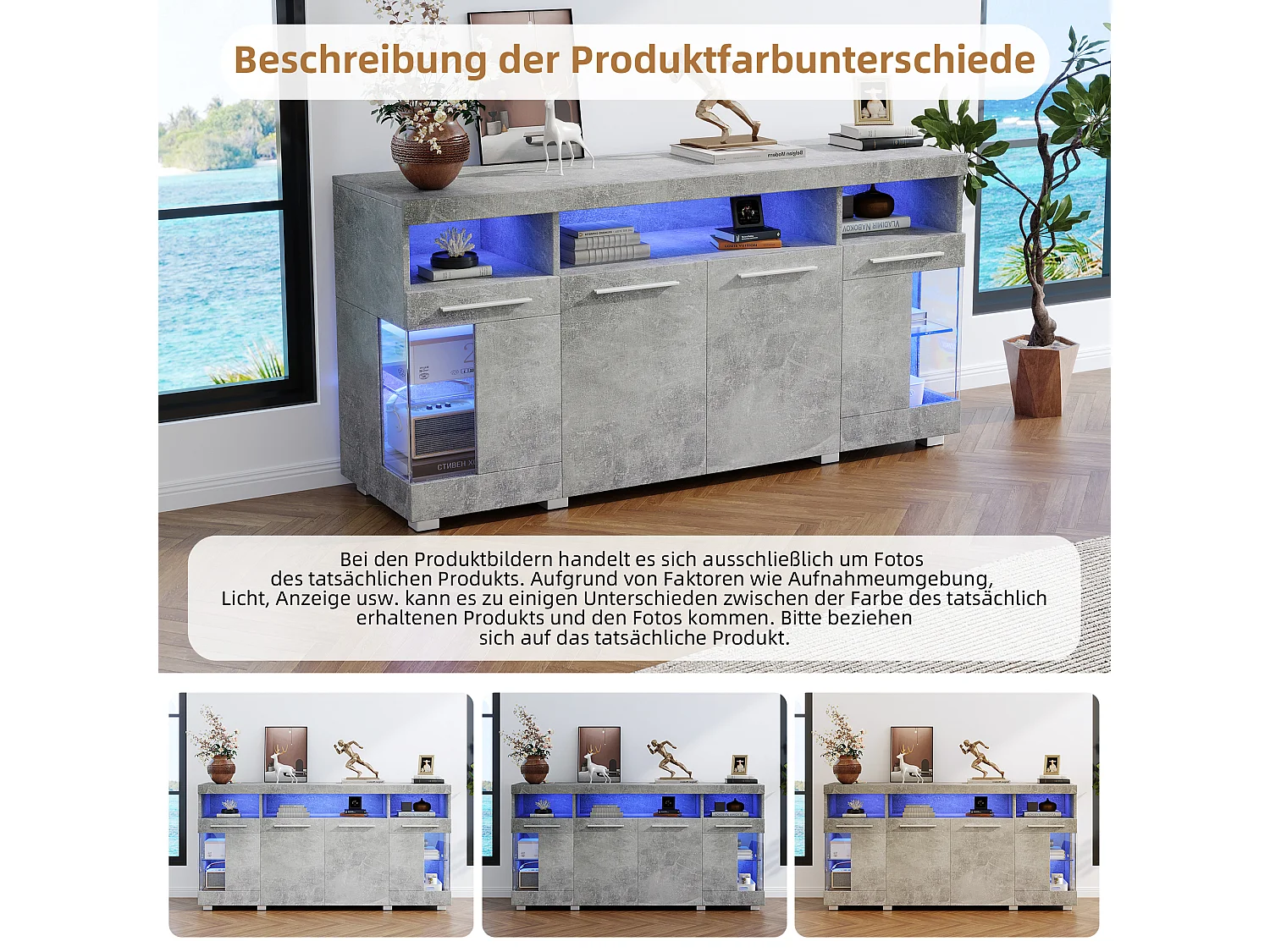 Aparador moderno - 140 x 40 x 70 cm - Vitrina lateral - con LED + 4 puertas + 3 módulos de almacenamiento de cristal templado - MDF - Gris