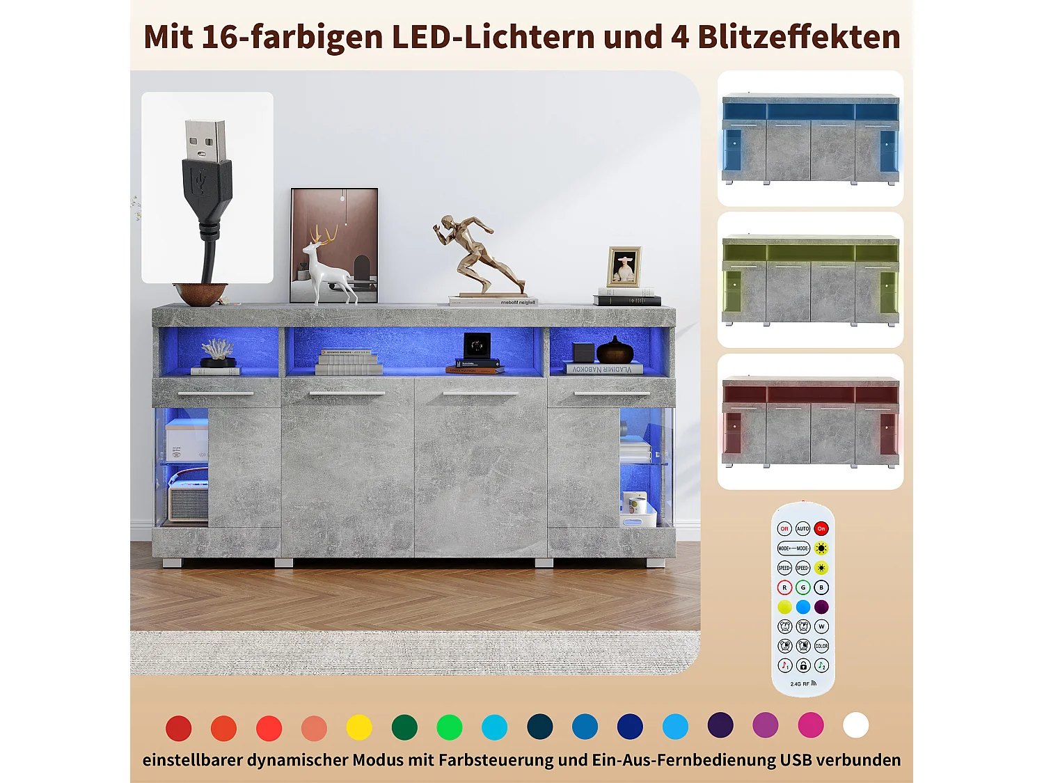 Aparador moderno - 140 x 40 x 70 cm - Vitrina lateral - con LED + 4 puertas + 3 módulos de almacenamiento de cristal templado - MDF - Gris