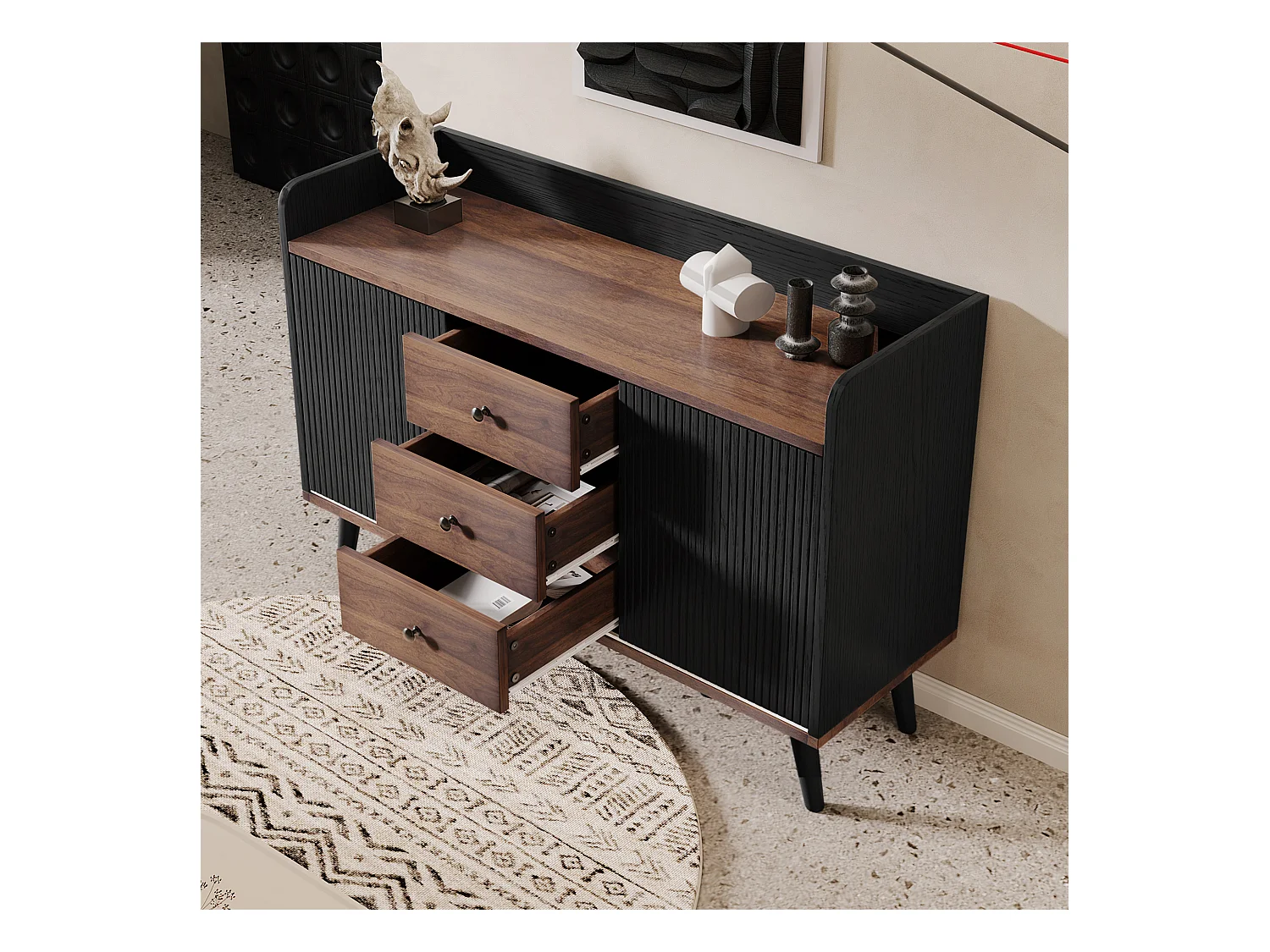 Buffet 117 x 39 x 80 cm - avec 2 portes noires et 3 tiroirs veinés du bois - pieds en bois - pour chambre et salon