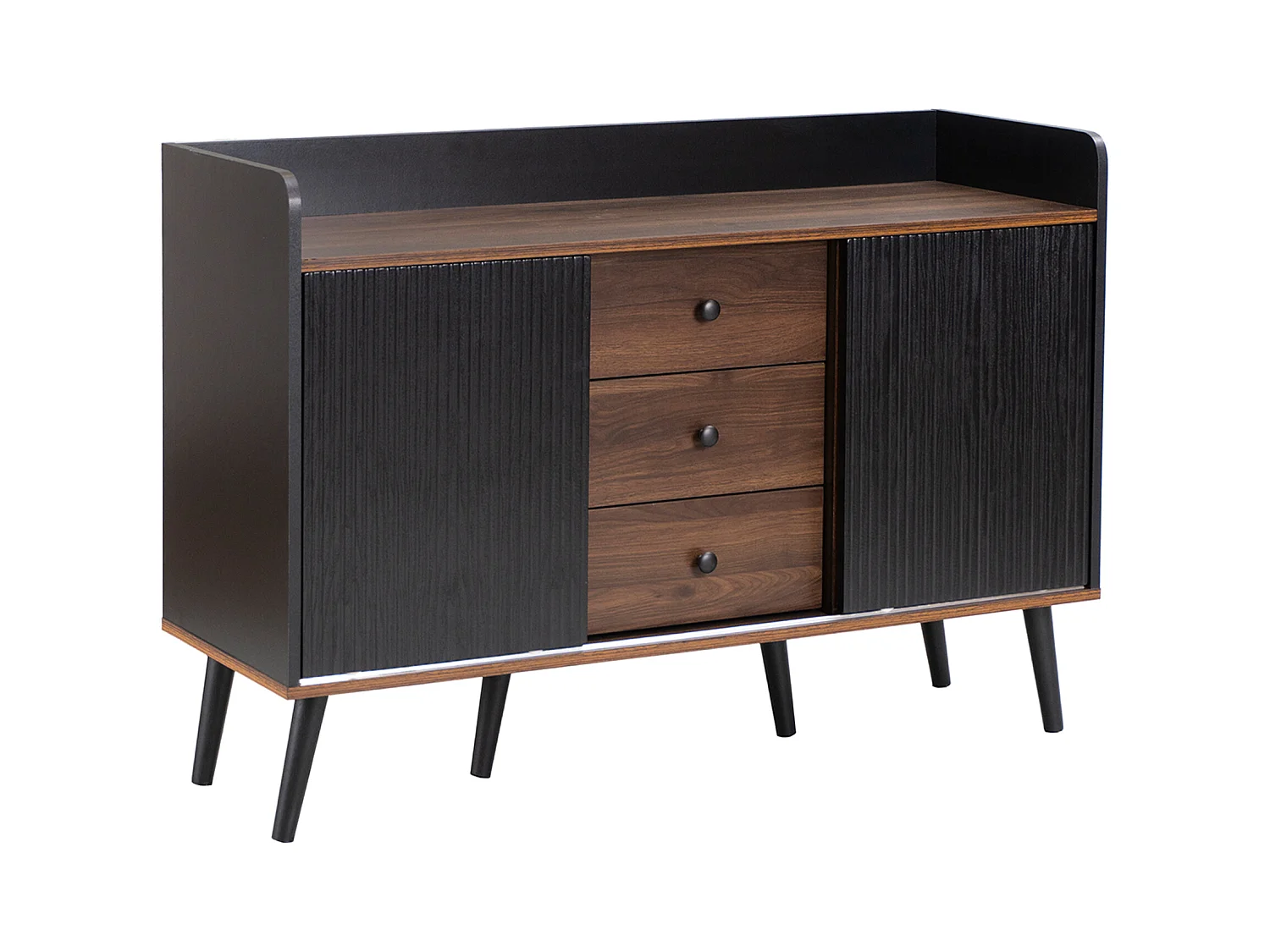 Buffet 117 x 39 x 80 cm - avec 2 portes noires et 3 tiroirs veinés du bois - pieds en bois - pour chambre et salon
