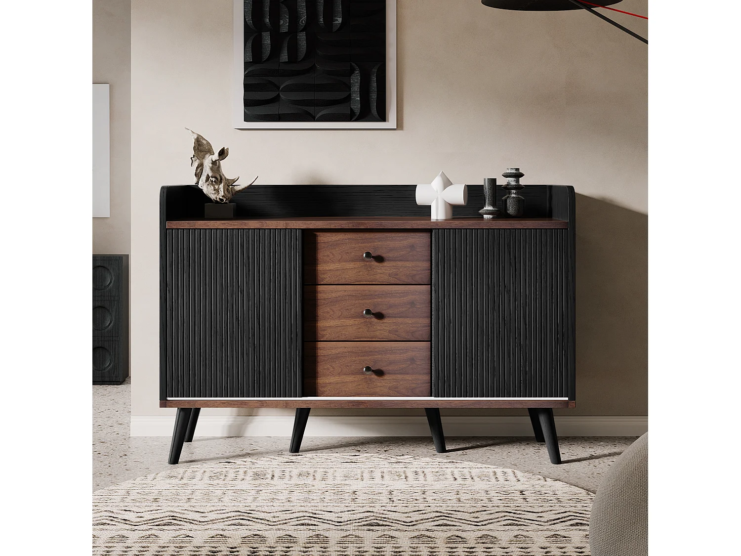 Credenza 117 x 40 x 80 cm - con 2 ante nere e 3 cassetti effetto legno - gambe in legno - per camera da letto e soggiorno