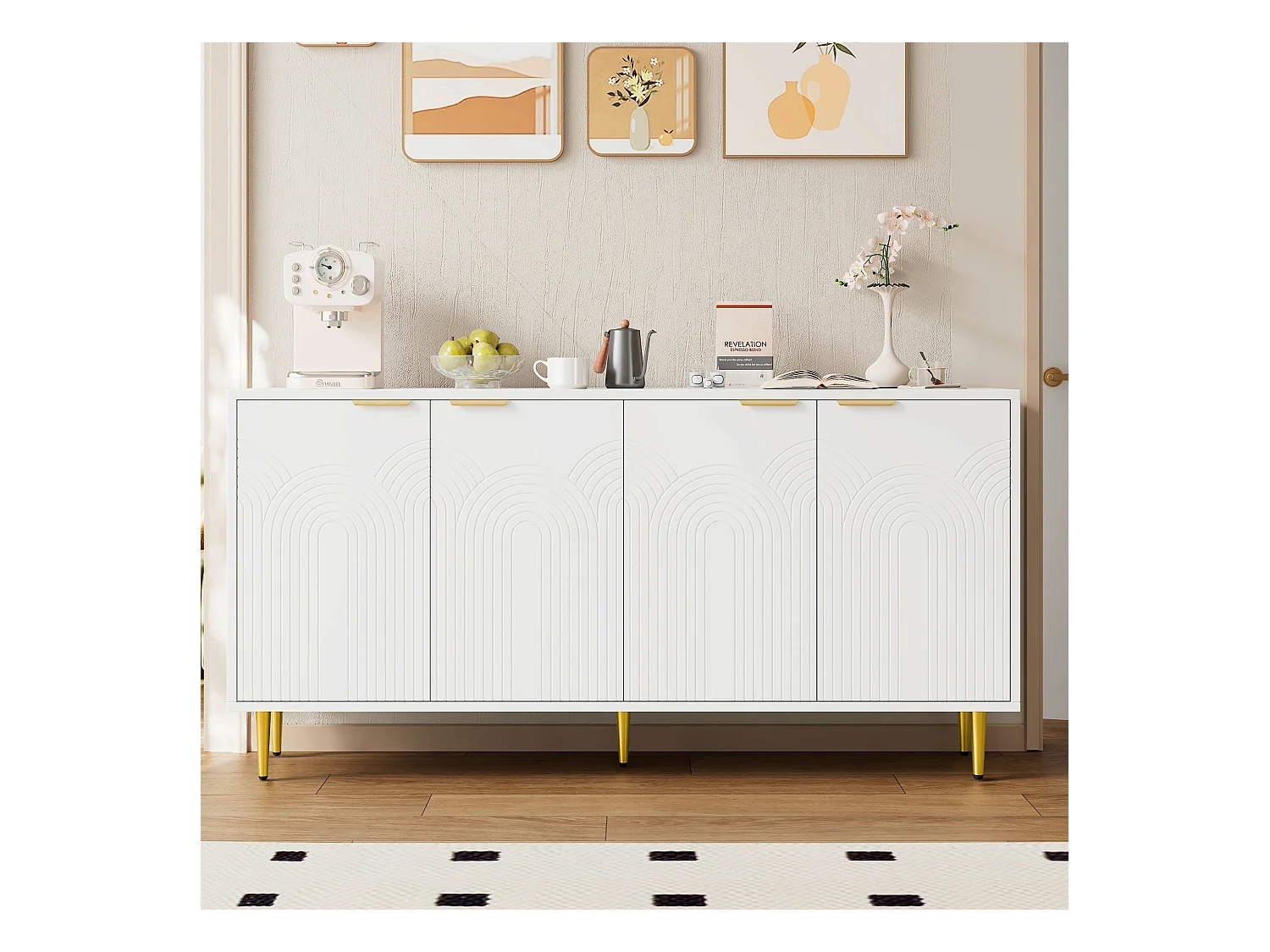 Wohnzimmer-Sideboard – 160 x 40 x 80 cm – mit 4 Türen + glänzenden Beinen – Spanplatte – Weiß