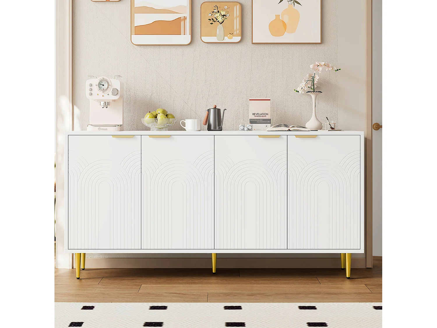 Buffet de salon - 160 x 40 x 80 cm - avec 4 portes + pieds brillants - aggloméré - blanc